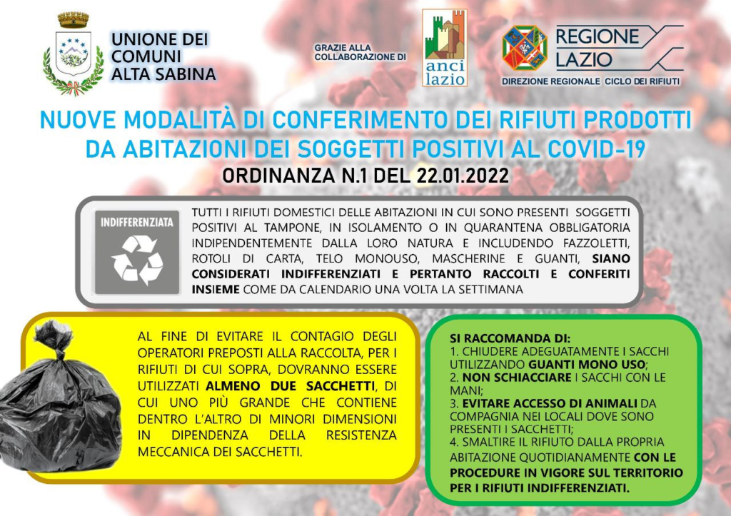 Nuove modalità di conferimento dei rifiuti prodotti da abitazioni dei soggetti positivi al COVID-19