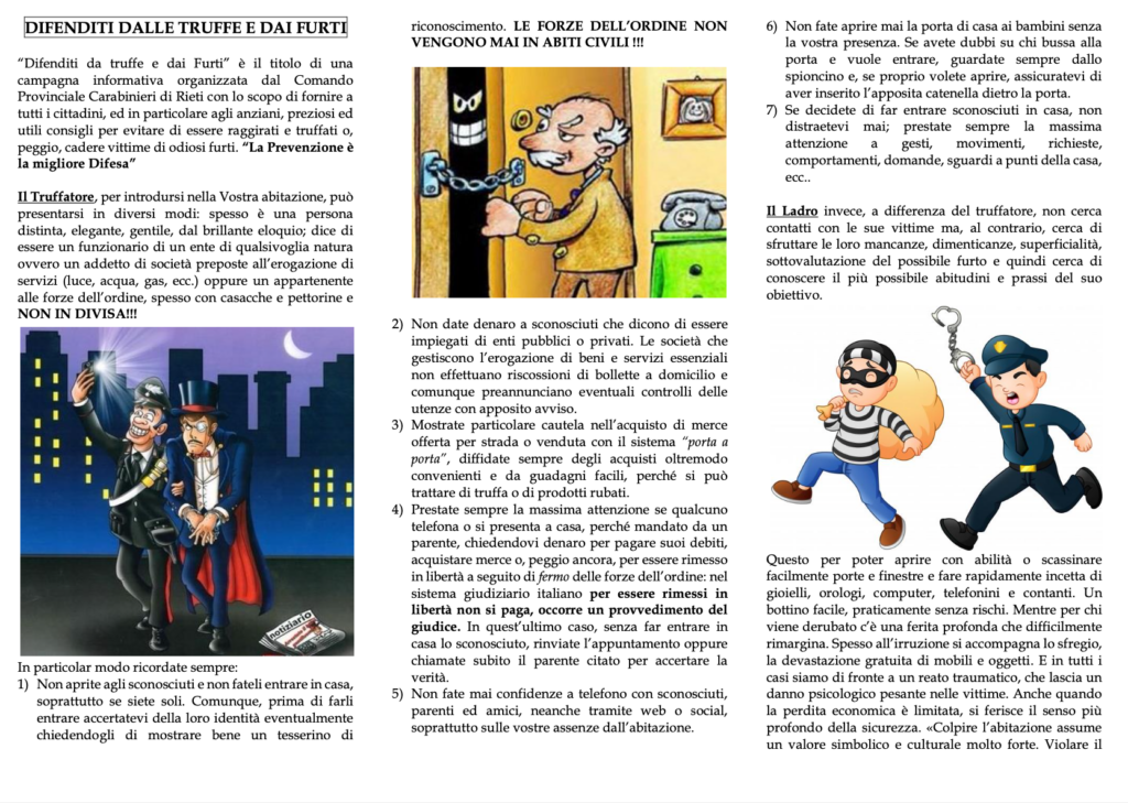 “Difenditi da truffe e dai Furti”, la campagna informativa organizzata dal Comando Provinciale Carabinieri di Rieti